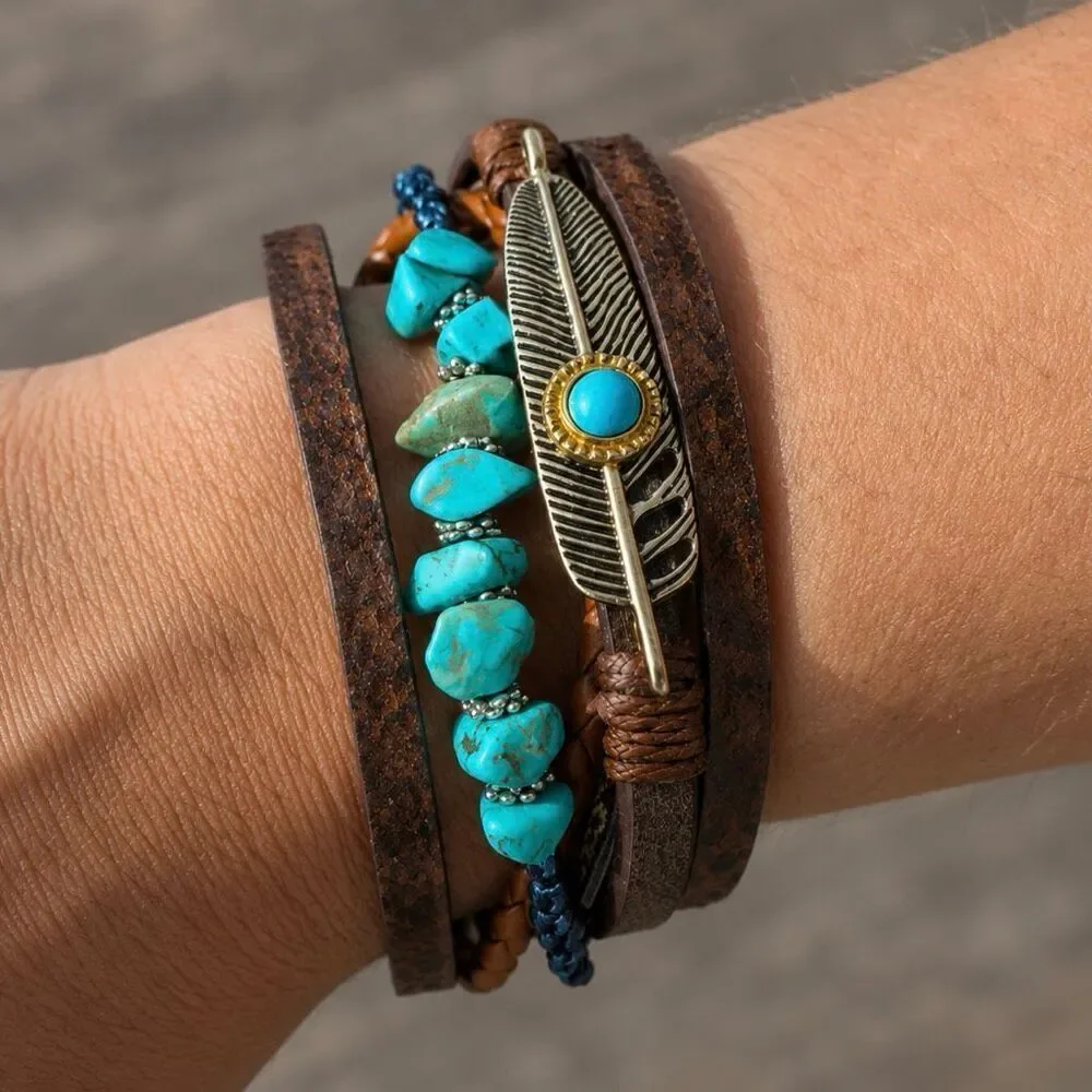 Western Multi-Strabd Cuff Brown Vegan Leather Bracelet Turquoise Accents